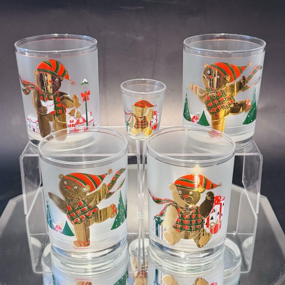 Vintage‎ Culver 22k Gold Christmas Teddy Bear Glass Barware Set Of 5